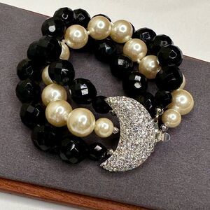 Y2K Carolee Moon Clasp Bracelet Triple Strand Faux Pearls Black Beads Vintage